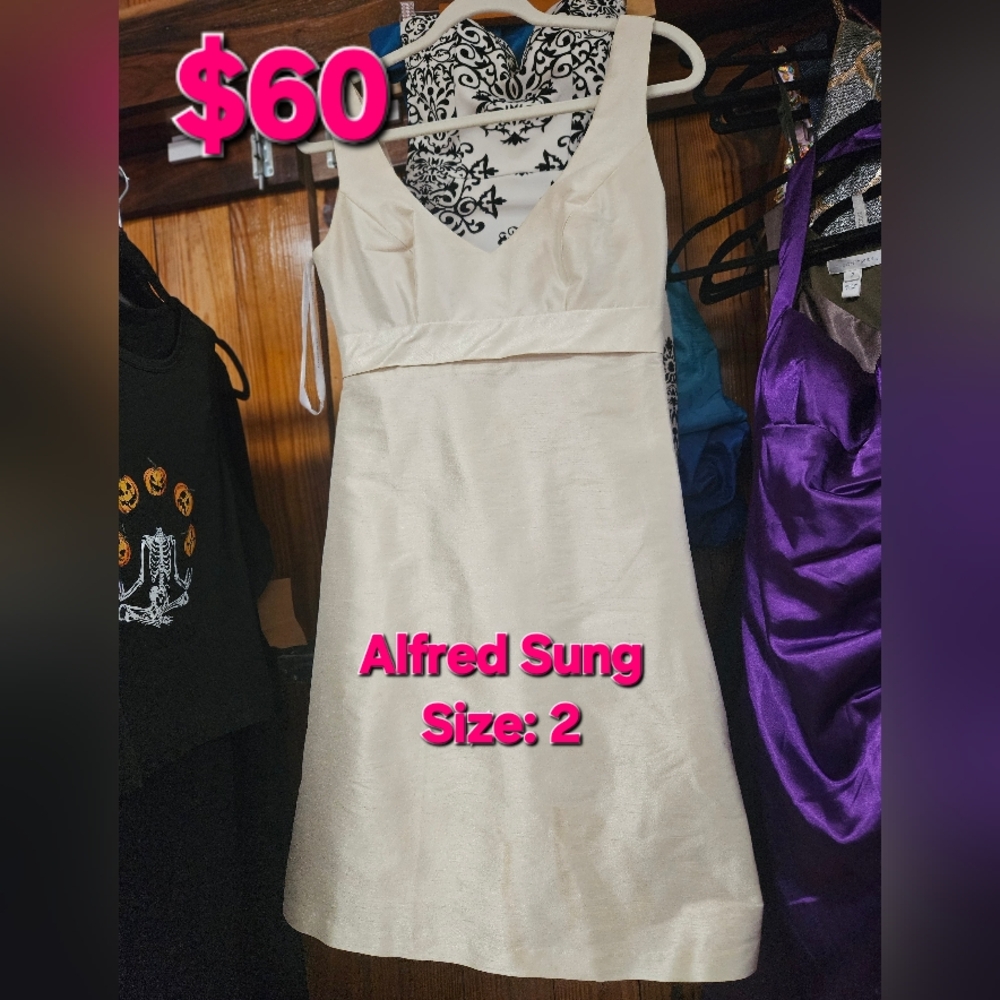 ALFRED SUNG Satin Champagne Mini Dress